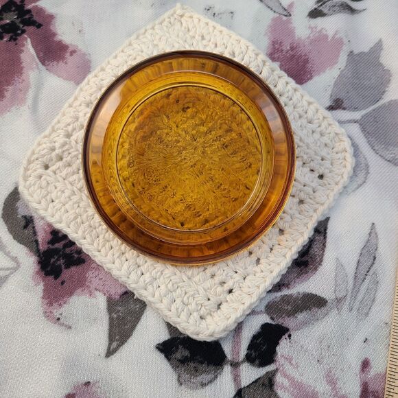 Vintage Amber Glass Coaster Embossed Floral Pattern 4.5" Decorative Dish - Picture 2 of 4